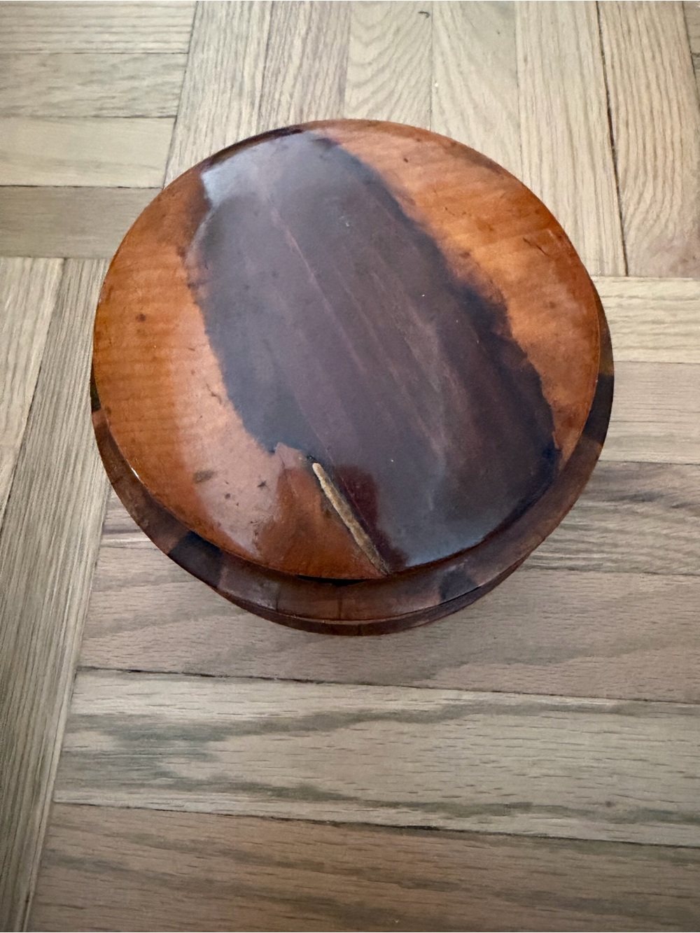 Round Wooden Bowl/Box with Lid and Opening for Spoon - Warm Brown & Dark Brown